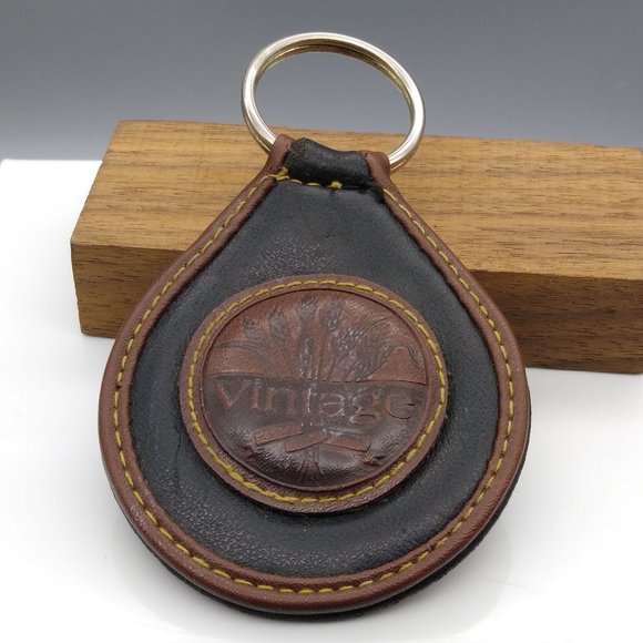 Vintage Embossed Leather Keychain Fob, Classic Wheat and Ribbon Teardrop - Picture 1 of 4